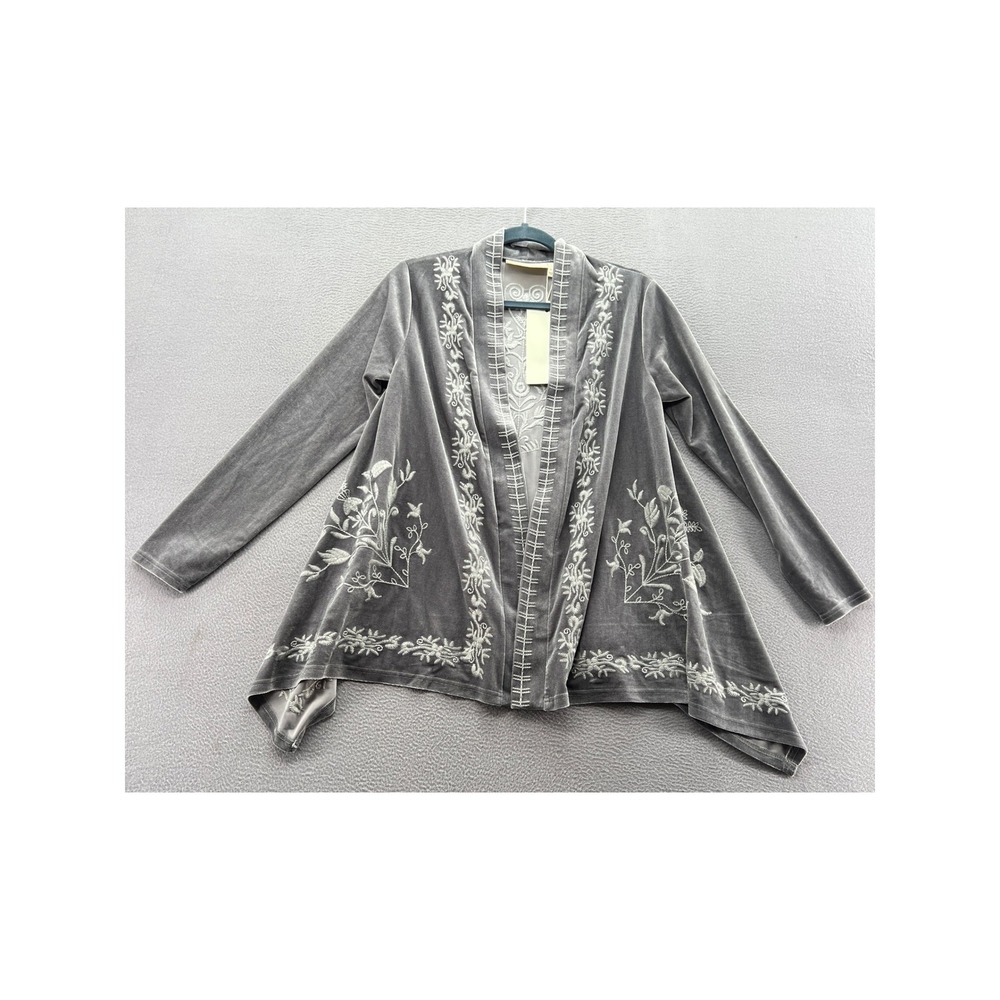 La Bellum Hillary Scott Sweater Cardigan XS Gray Velvet Embroidered Open Front